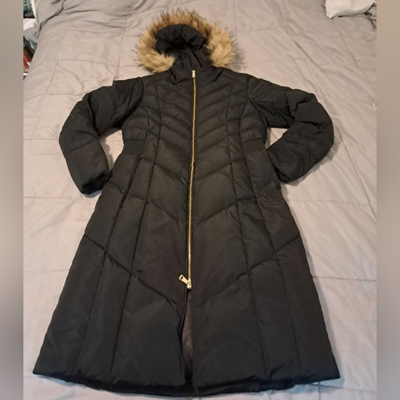 Cole Haan signature Black Long Taffeta Down Coat chevron quilt pattern size M. - Picture 5 of 9
